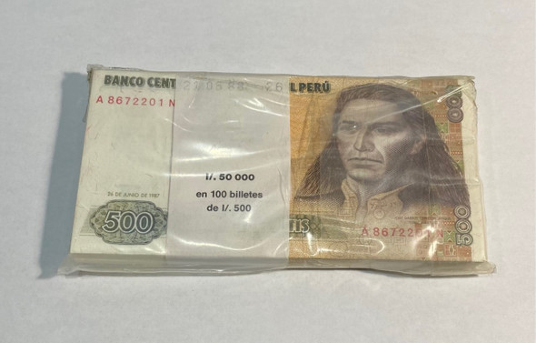 Peru: 1987 500 Intis Banknotes Bundle (100 pcs)